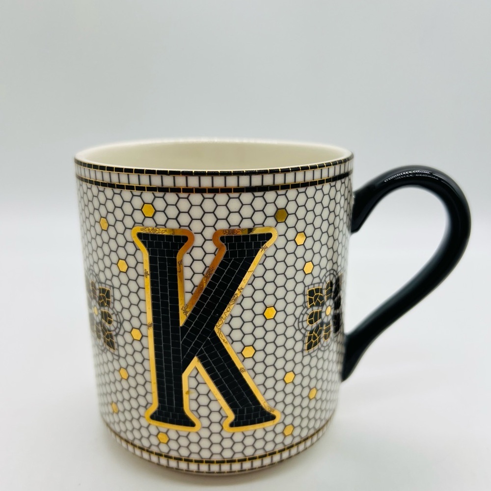 Anthropologie Black, White and Gold Geometric Monogram K Mug Bistro Style